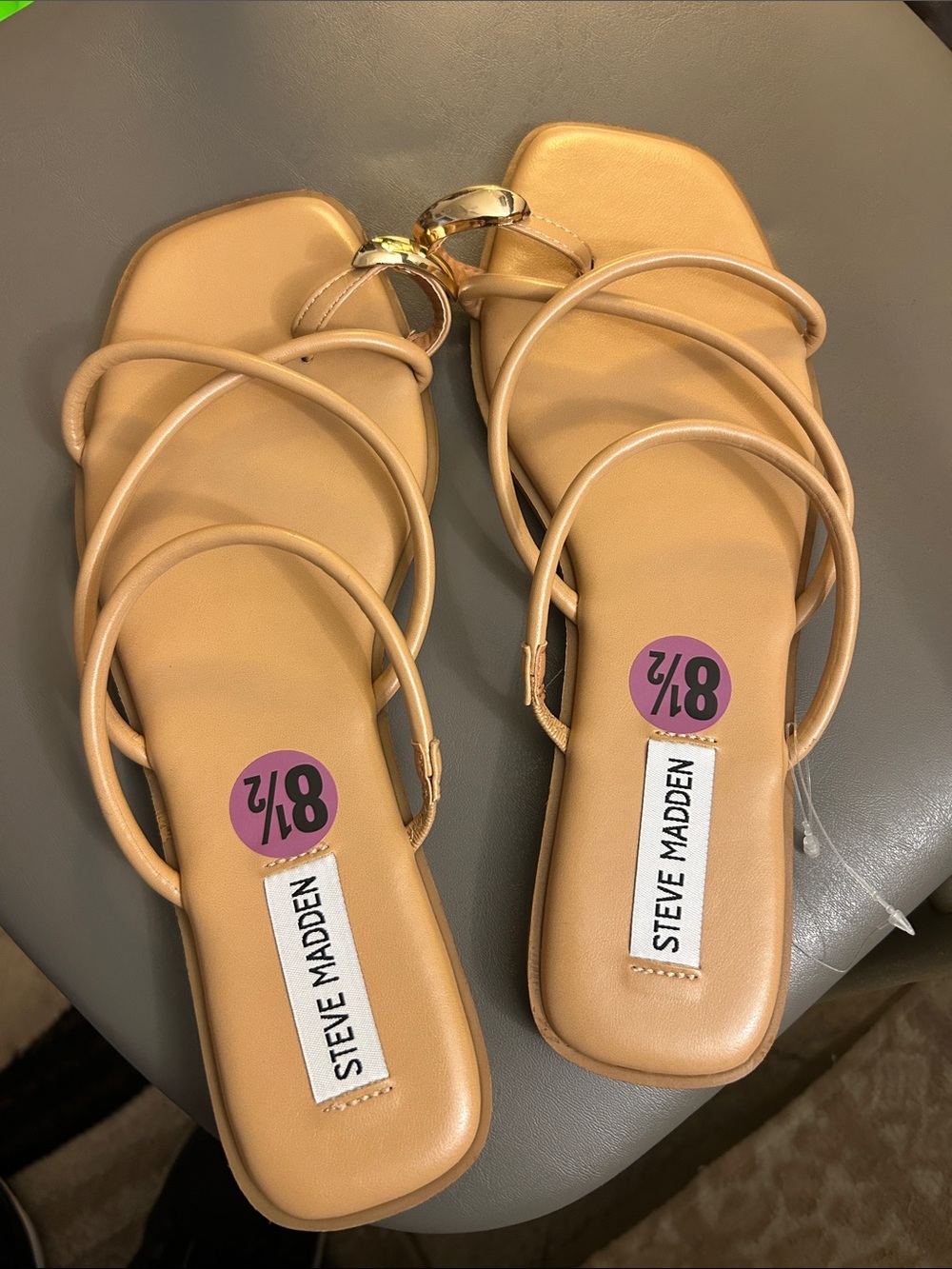 Steve Madden Tan Strappy Flat Sandals with Gold Ring
